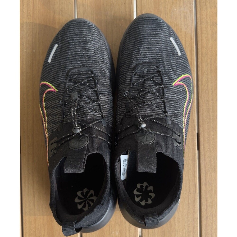Nike Free RN By You Men’s 12 Black Flyknit Neon Swoosh Running Shoes HF0795-001 - Picture 3 of 8